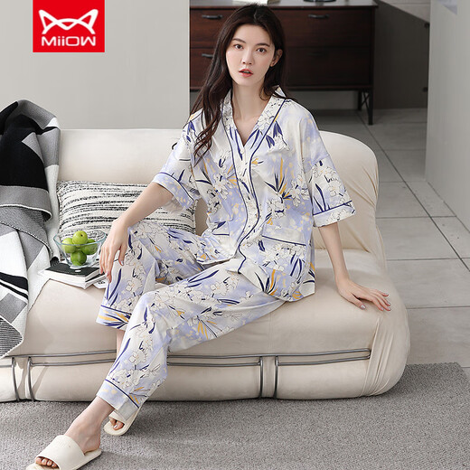 猫人（MiiOW）纯棉睡衣女春夏短袖长裤开衫韩版可爱领夏天家居服全棉套装 YSH-911#开衫 L 码100-120斤需预留缩水