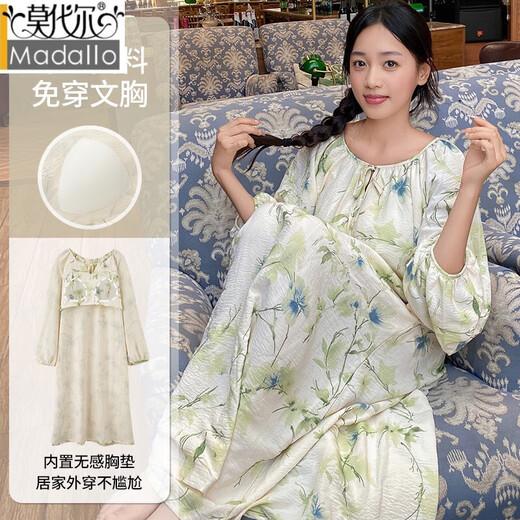 Modal nightgown with chest pad thin extended pajamas new style dress Chinese style long-sleeved Chinese style exterior home clothing [upgrade] chest pad # extended skirt AM13064 M [recommended 80-100Jin [Jin equals 0.5 kg]]