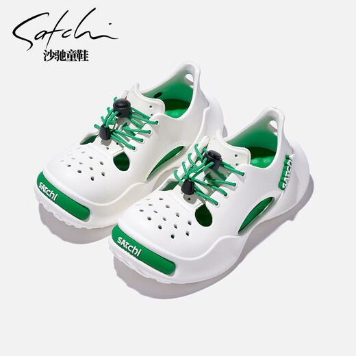Shachi children's shoes children's hole shoes new summer hollow boy's stream shoes mid-large children's outdoor girls casual slippers white/dark green 31 inner length 20.5CM