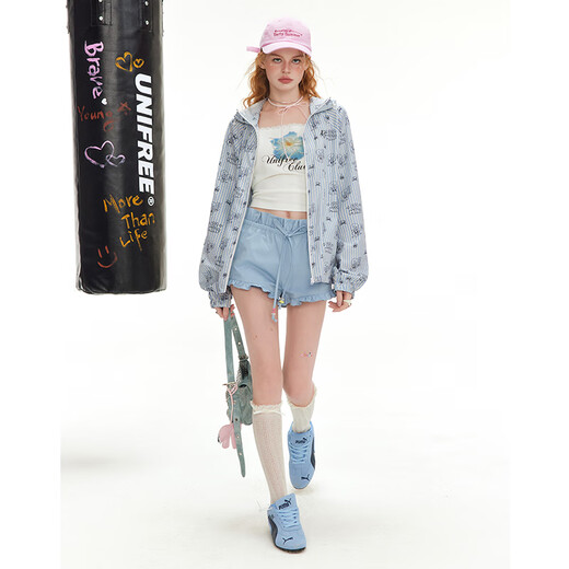
UNIFREE [Aisle Co-branded] Korean cute striped loose hooded jacket Blue M