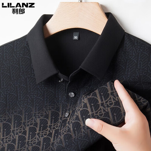 Lilang Sang Silk T-Shirt Herren-Lampe mit mittleren und Herbst Fashion Casual Long Sleeve T-Shirt Gedrucktes Polo-Hemd xxsm1 schwarz [LL739] xxs M165