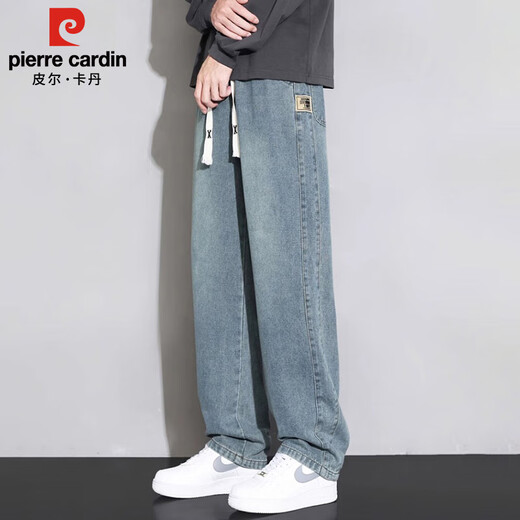 Pierre Cardin Straight Jeans Men's Autumn and Winter Loose Casual Pants Men's Wide-Leg Elastic Waist Pants Men's Retro Blue XL