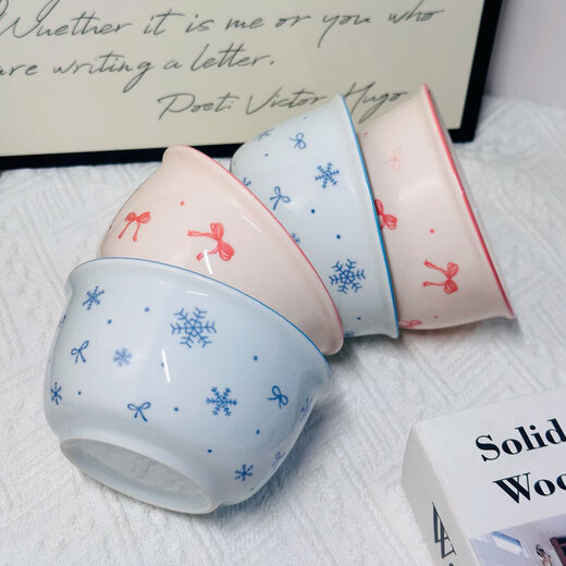 Pink and blue bow ceramic bowl home eating bowl ins high-looking underglaze color tableware dessert bowl soup bowl noodle bowl 1 bow 4.5-inch bowl