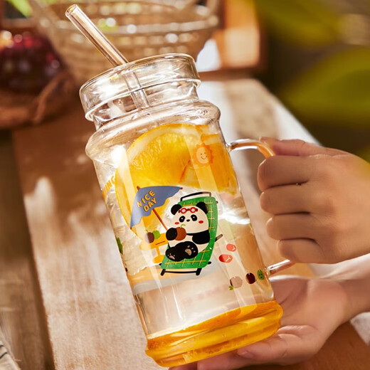 美杜高颜值玻璃杯吸管杯1050ml大容量夏季冷饮水杯咖啡杯果汁杯牛奶杯 熊猫吸管玻璃杯【1050ml】