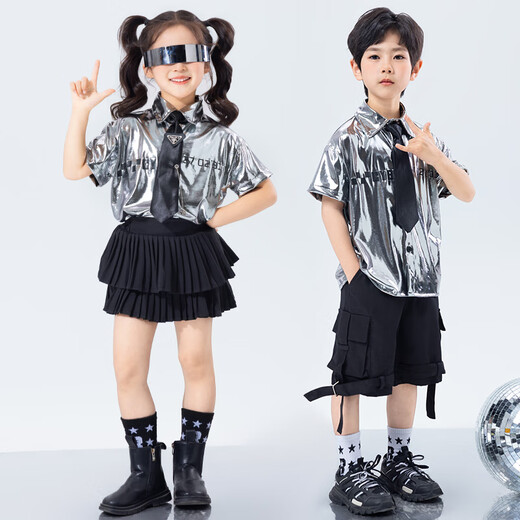 Poresno children's technology sense catwalk costumes June 1st street dance trendy costumes girls jazz dance boys future drumming costumes Short sleeves: A694 silver bright leather top + B317 black 3 110cm single size