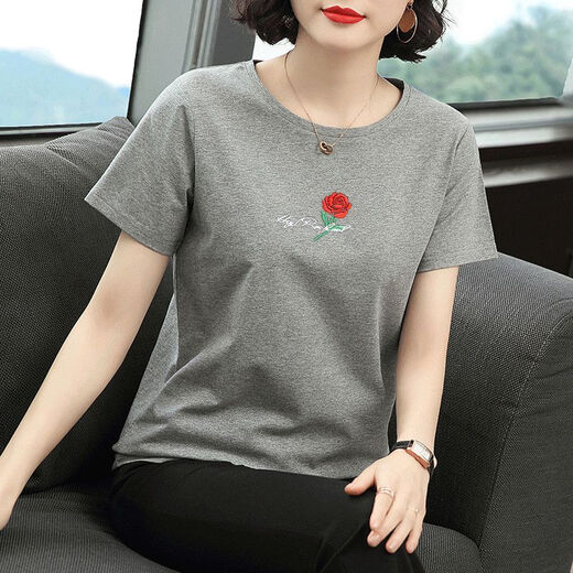 SUWANYI (Suowanyi) Madre de mediana edad Camiseta de manga corta para mujeres en verano suelto de cuello redondo de color negro