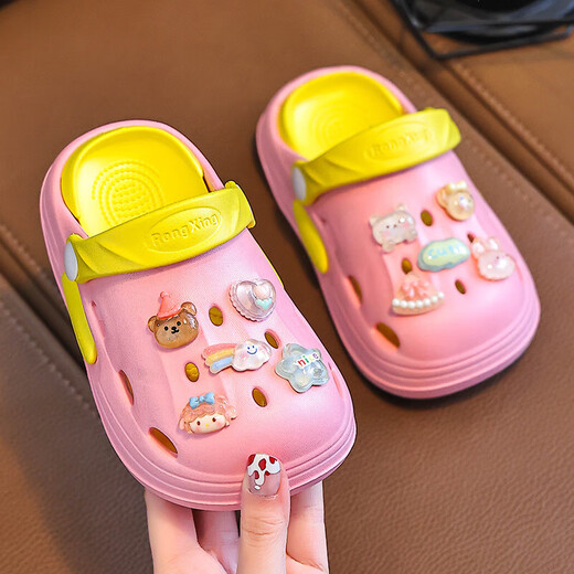 Eva Sommer neuer zweifarbiger süßer Cartoon Boy und Mädchen-Loch-Schuhe Nicht rutschfeste, kräftig-resistente atmungsaktive Heimlochschuhe rosa [Kristall] 32 Innere Länge 20 cm