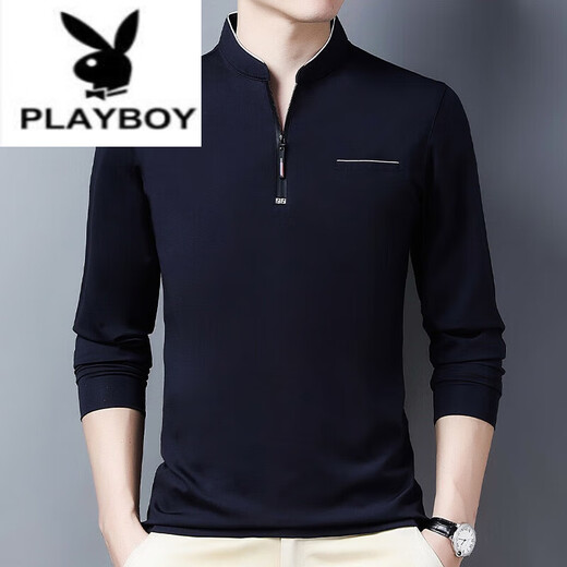 Playboy (PLAYBOY) pure cotton long-sleeved T-shirt men's casual thin T-shirt top summer spring autumn winter middle-aged men's stand-up collar bottoming long-sleeved 6625 green thin section L 170 recommended 120-140 Jin Jin equals 0.5 kg