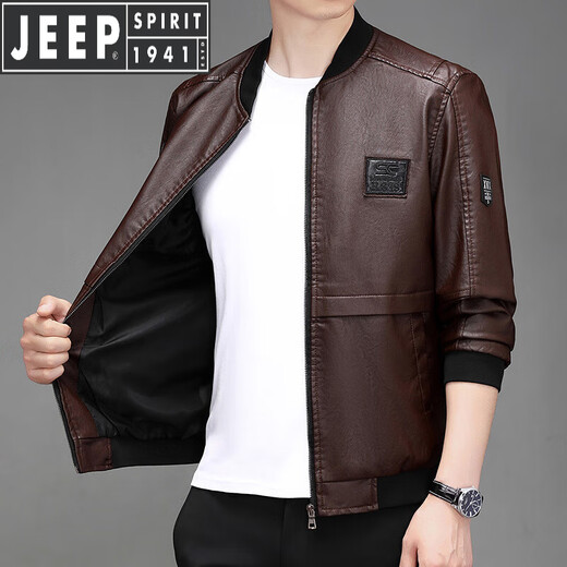 JEEP SPIRIT Jeep Leather Motorcycle Jacket Men's 2026 Spring and Autumn Baseball Collar Windproof Jacket Handsome Slim Clothes Black XL