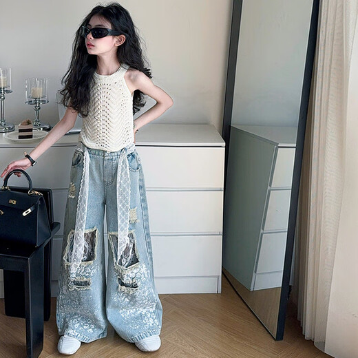 Korean version of lace ripped jeans summer girls suit medium-sized children hollow vest suit 2025 new pants [pants] lace ripped jeans 150 cm