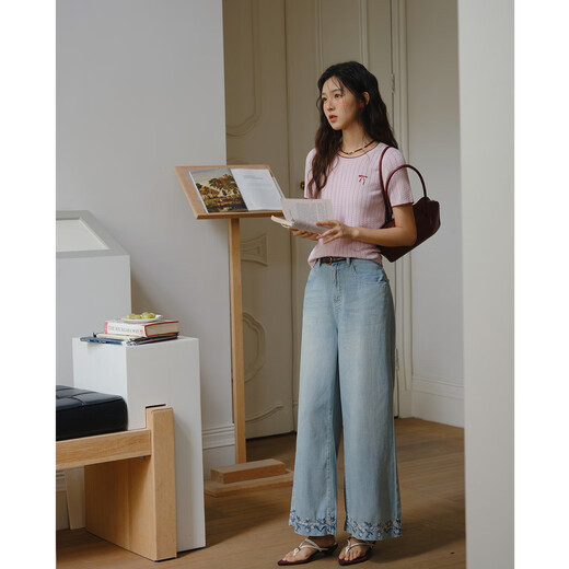 谜秀樱花粉挑空扭绳针织衫2025夏季新款蝴蝶结刺绣撞色边设计短款上衣 花色 樱花粉 上衣 M