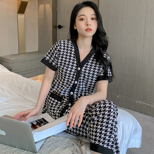 夏天睡衣女短袖长裤薄款开衫空调服宽松大码家居服女士套装可外穿 QDM【Y867-2#】黑色千鸟格 2XL