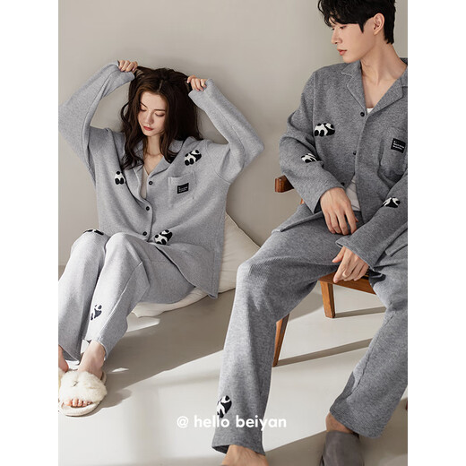 Benny Bear Beiyan Spring and Autumn New Thick Knitted Cotton Long-Sleeved Couple Pajamas Cute Panda Men and Women Home Clothing Set C20790 Women's XL Size