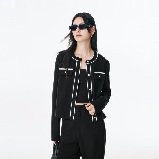 Peacebird women's jacket round neck texture small fragrance style top autumn elegant cardigan black top M