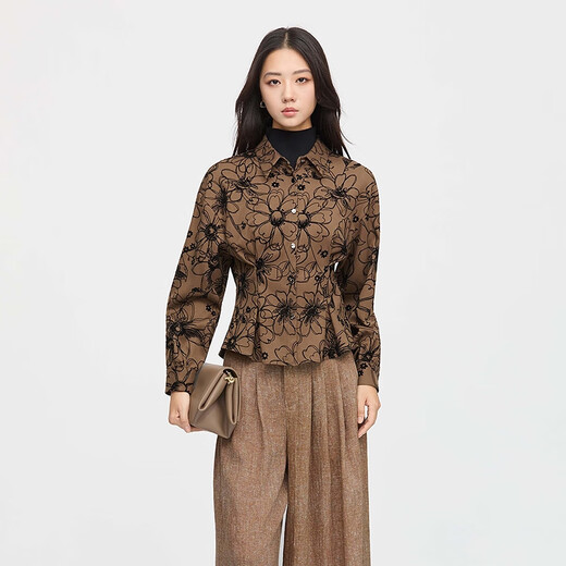 S.DEER women's 25-year new retro lapel embroidered irregular long-sleeved shirt S253Z0503 dark brown red/09 M