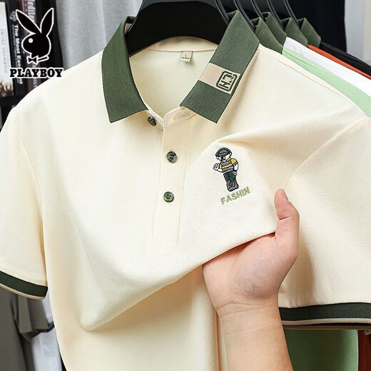 PLAYBOY 2025 NUEVA Camisa de polo de manga corta de la solapa caliente de Summer para hombres Top de camiseta de media manga de moda masculina White 829 L 50 Recomendado [120-140Jin [Jin iguala 0.5 kg]]]