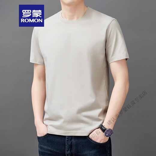 ROMON pure cotton t-shirt men's short-sleeved loose round neck top summer 2025 new thin casual T-shirt men YS9929 camel color one size 110[111-125Jin[Jin equals 0.5 kg]]
