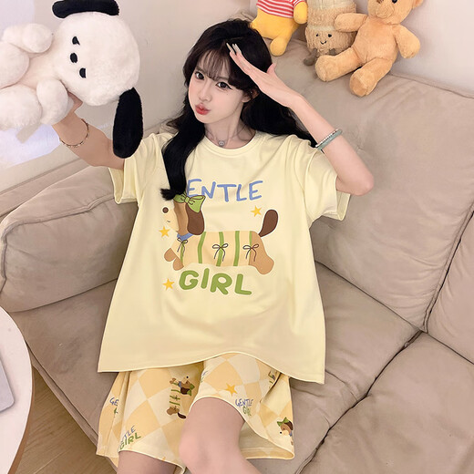 俊俊穗迪美短袖睡衣女款夏季纯棉短裤套装卡通青少年大码胖mm女孩学生家居服 短-XLL-4001 L 【建议100-120斤】
