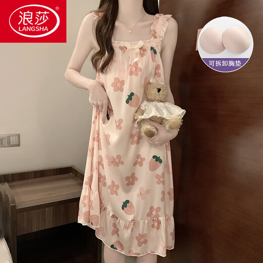 浪莎（LangSha）吊带真丝睡裙夏季女款2025新款性感冰雪夏天高级女士带胸垫家居服 TY-1355-草莓花【带胸垫可拆】  M