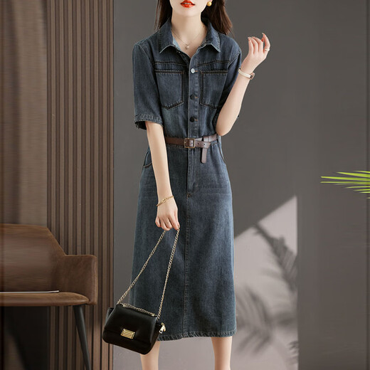 Egeangy Light Luxury Brand Kleid für Frauen 2025 Sommer neuer Stil lässig und High-End-Gefühl locker Bauchbedeckung Rock kurzärärmig Bildfarbe Hemdkragen für Gewicht 105 Jin [Jin entspricht 0,5 kg]