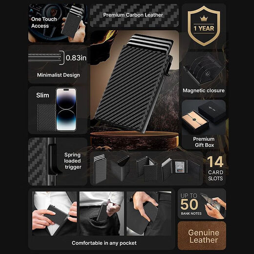 Buenos productos seleccionados, venta popular para hombres, billetera de caja de aluminio emergente de tres veces, blindaje RFID, gran capacidad, tarjeta de cera de aceite ultra fibra, fibra de carbono negro
