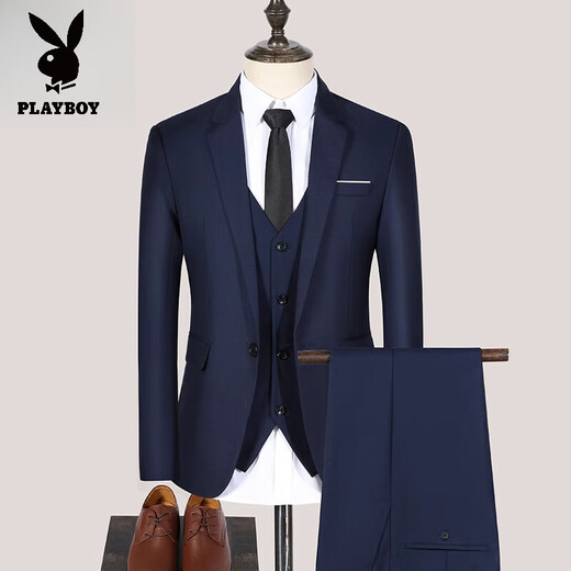 花花公子（PLAYBOY）西装套装男士礼服上衣休闲西服韩版修身商务小西装男外套 二扣藏青色西装+西裤+马甲 三件 S 【80斤左右】