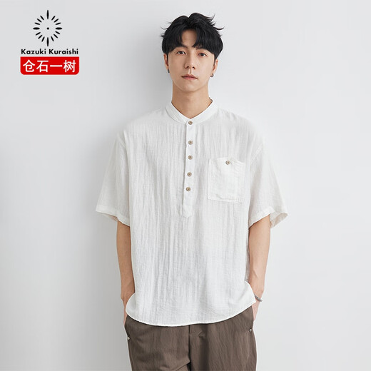 Kuraishi Kazuki old money style Henry collar short-sleeved shirt men's summer 2025 new Japanese light luxury loose casual shirt trendy brand blue gray XL 140-160Jin Jin equals 0.5 kg