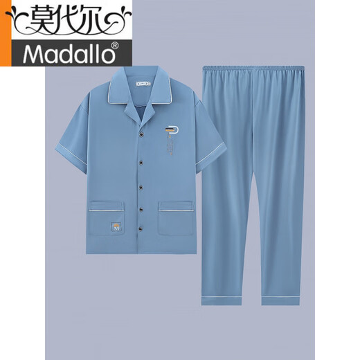 莫代尔男士睡衣夏季短袖纯棉薄款宽松加大码休闲青少年家居服套装可外穿 G3884蓝色-短袖长裤 L 【建议100-120斤】