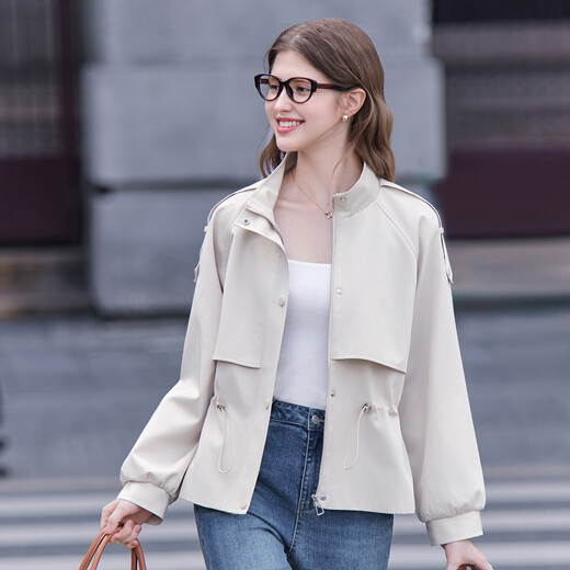 Betu Women's 2025 Autumn New Windbreaker Temperament Windproof Stand Collar Drawstring Waist Slim Jacket 2508T59 Light Apricot M