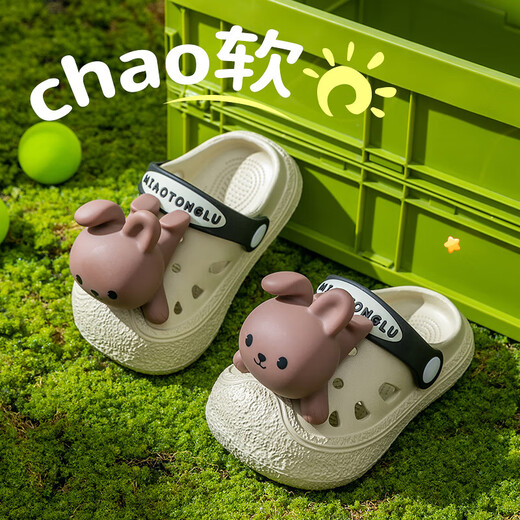 Eltern-Kind-Stil Kinderlochschuhe für Jungen und Mädchen dreidimensionales Kaninchen Anti-Rutsch-Slip Ultra-auf-dick-Soled Home Outdoor Baby Sandalen Schwarze 24 innere Länge 16 cm