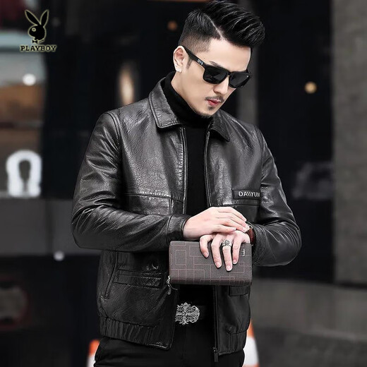 Playboy (PLAYBOY) 2025 Autumn and Winter New Genuine Leather Coat Men's Short Lapel Leather Thin Jacket Men's Leather Casual Jacket Men Yellow Brown XL 175 Code-125-135Jin Jin is equal to 0.5 kg