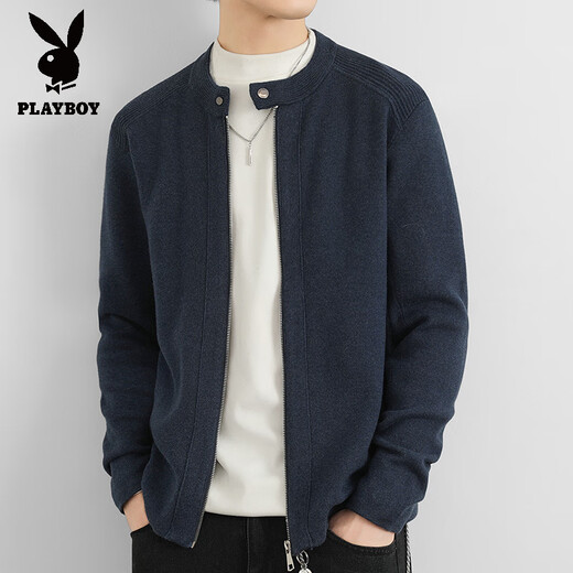 花花公子（PLAYBOY）针织开衫外套男士秋季纯色夹克轻熟风高端男款棒球领外穿毛线衣 灰色 M 110斤以内