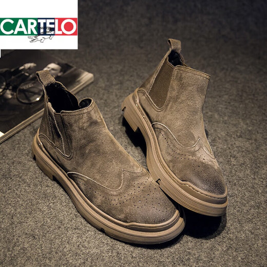 CARTELO Autumn and Winter Martin Boots Men's Variety Breathable Frosted British Brock Men's Boots Medium Leather Cover Chelsea Boots Khaki 41