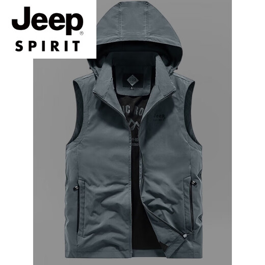 Jeep Spirit Herrenweste 2025 Frühlings- und Sommerhut High-End-Marke Weste Kapuze-Weste lässige dünne Pferd Clip Grau M.