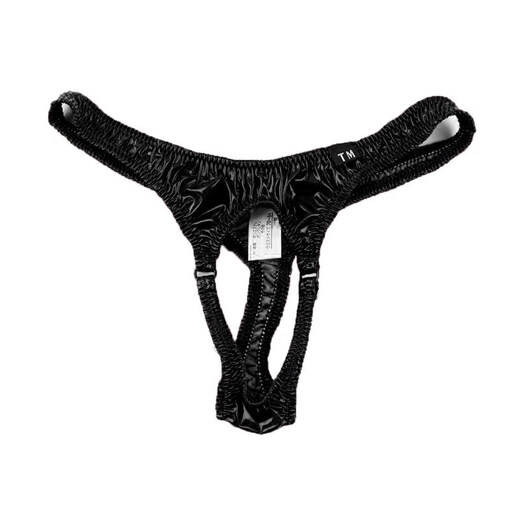Men's new underwear sexy bright leather men's thong iron ring mid-low waist T-shaped underwear stretch men's thong black S