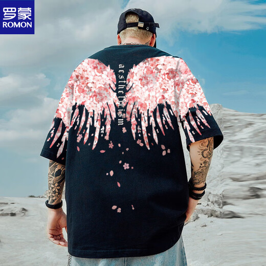 罗蒙（ROMON）夏季翅膀T恤男宽松大码半袖樱花印花薄款t恤衫休闲百搭上衣 M落肩1342白色 8XL 280一305斤