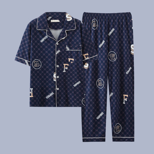 
QLTQZQ men's pajamas men's short-sleeved summer thin cotton teenage pajamas men's plus size spring and summer home clothing set G3884 blue (short-sleeved) 185 2XL [recommended 140-160Jin [Jin equals 0.5 kg]]