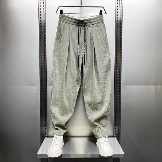 Que Sheng Summer New Cotton und Leinen extrem dünn atmungsaktive, hängende Casualhosen für die trendy losen, geradlinigen Haruna-Karottenhose Khaki + Green [zweiteiler] XL [Empfohlen 115-130jin [Jin gleich 0,5 kg]]