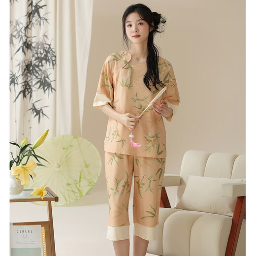 
PURCOTTON Cotton Times Summer Women's Short-Sleeve Pajama Set Cotton New Chinese Style Thin Home Clothing Can Be Seven-Thinking Outdoor LZY9901 M (Suggested 75-95Jin [Jin equals 0.5 kg])