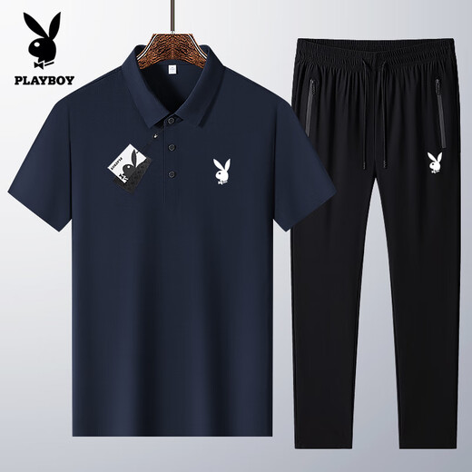 Playboy ice silk short-sleeved T-shirt for men 2025 summer new thin business casual POLO shirt middle-aged and elderly sports suit 6629-Medium gray [short sleeves + shorts] L wear 110-130Jin [Jin equals 0.5 kg]