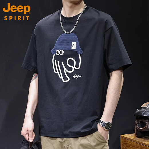 JEEPSPIRIT凉感科技棉短袖t恤男宽松大码潮牌夏季2025新款衣服百搭体恤上衣 675黑色 L