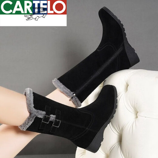 卡帝乐鳄鱼（CARTELO）加绒加厚雪地靴女冬季皮毛一体长筒靴平底防滑中筒靴保暖妈妈棉鞋 719黑色 39