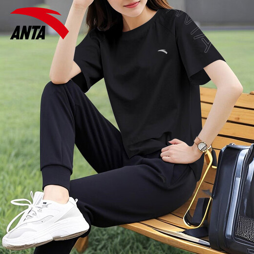 安踏休闲运动服套装女2025春夏季薄款冰丝速干短袖T恤束脚针织长裤 7121-1罗衣紫【套装】 M