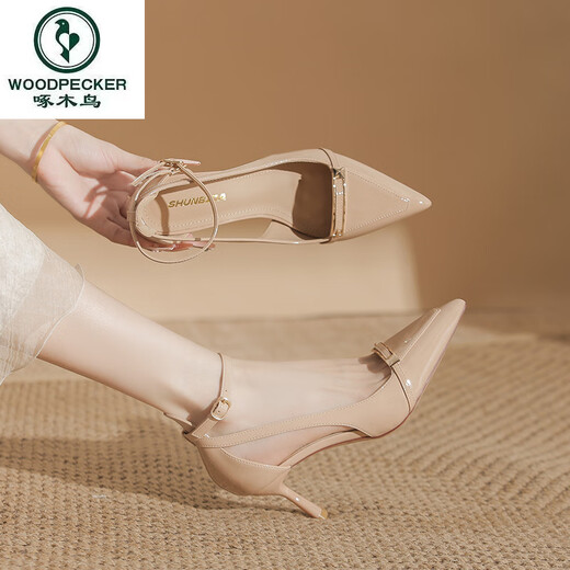 
Woodpecker's beautiful patent leather nude pointed toe thin heel sandals for women's new summer style without tired feet one-button buckle skirt high heel shoes Nude color 688-60 7cm 38