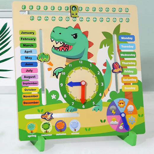 Shantoulin Village Children's Dinosaurier Holz Multifunktional Kalender Uhr Frühes Bildungszeit Weather Week Saison Kognitive Toys Dinosaurierkalenderuhr