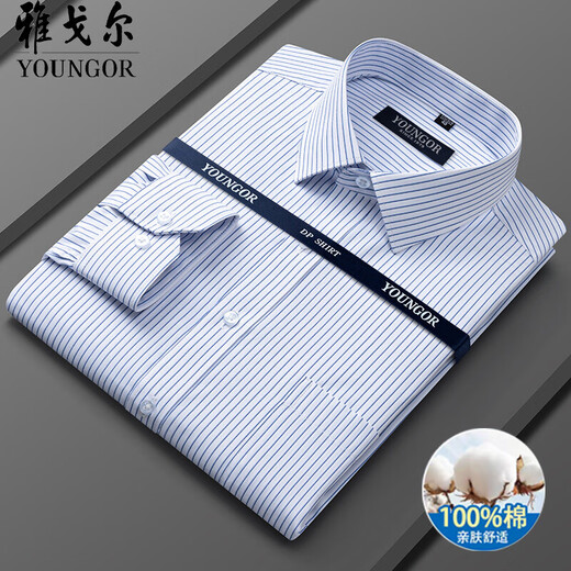 Le maire Yager, Coton 100% pur d'âge moyen de l'âge moyen, chemise à rayures à manches longues à manches longues 2025 Business and Career Career Free Ironing 6627 [Stripes bleues et blanches] 38 [suggéré 100-120jin [Jin est égal à 0,5 kg]]]