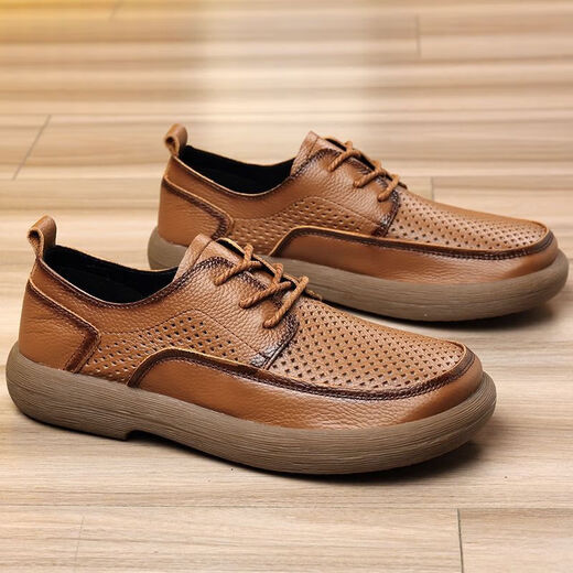 Lee Xiang International Light Luxury Brand Punched Breathable Outdoor Stirring Shoes Wear-resistant Beef Tendon Sole Hollow Men's Casual Leather Shoes Genuine Black Leather Shoes (Single-layer Cowhide) 39
