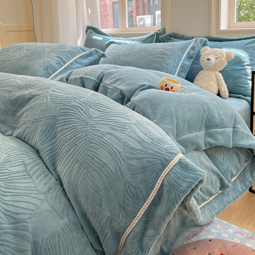 Mercury series A type 230g milk velvet coral velvet bed four-piece set 6D carved velvet winter bedding flannel thickened quilt cover 1 Yunshang-grey purple 1.8m bed sheet four-piece set