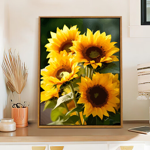 Pinturas colgantes de escaleras, girasoles, girasoles y soleados, curación, pinturas digitales al óleo, pinturas de color de bricolaje, pinturas colgantes de sala de estar, pinturas decorativas, SJ14382 50*70 cm, marco interno de madera maciza espesa + marco exterior (log 10 predeterminados 10