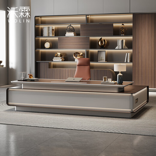Wolin E0-level high-end boss table, president's table, light luxury modern office desk, office table and chair combination executive table, 2.8-meter table left side cabinet